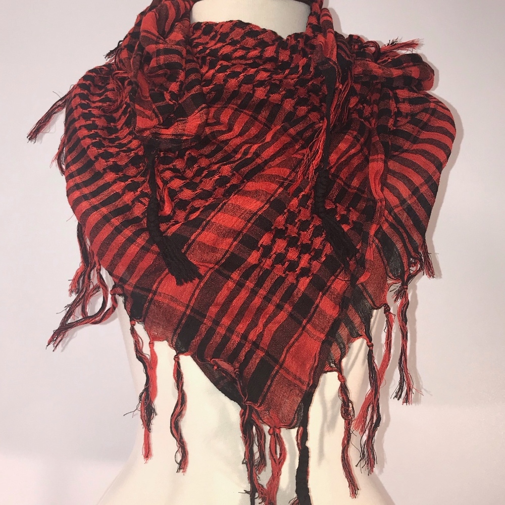 Black and Red checked scarf with fringe